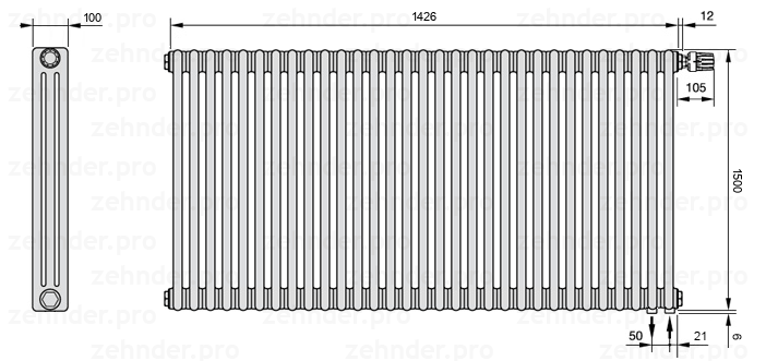 Схема (чертеж) Радиатор Zehnder Charleston 3150/31 №V002 Белый глянцевый RAL 9016